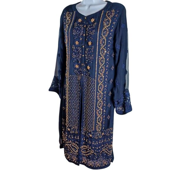 Zoon Collection Navy Embroidered Tunic Dress – Gold Sequin Overlay, Sheer Lace M - Picture 5 of 9